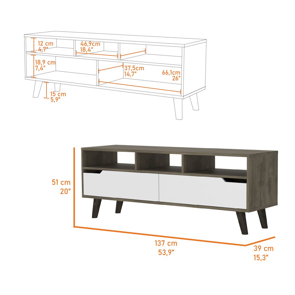 2-Drawer 3-Shelf TV Stand Dark Walnut and White. Picture 6