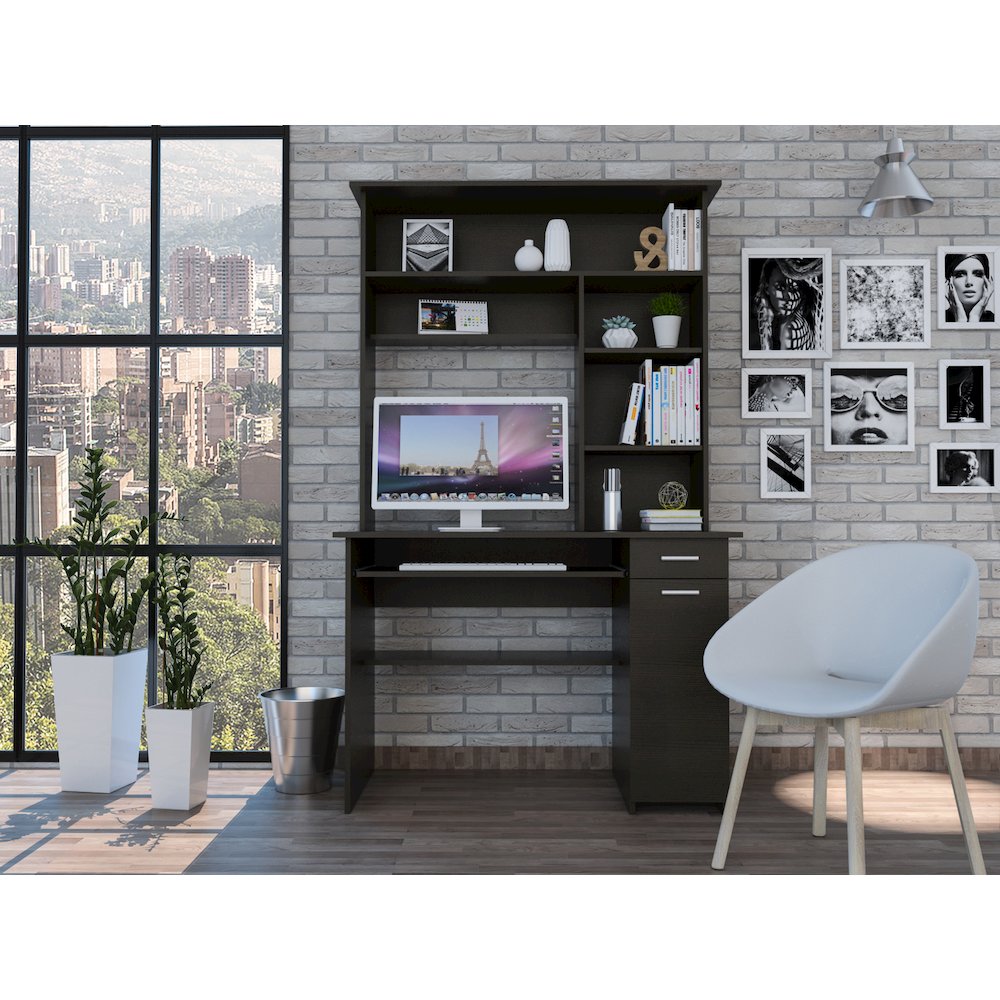 2-Drawer 7-Shelf Computer Desk with Hutch Black Wengue. Picture 5