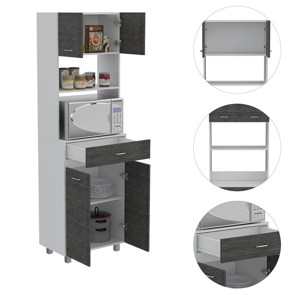 2-Shelf 1-Drawer Microwave Pantry Cabinet Smokey Oak and White. Picture 5