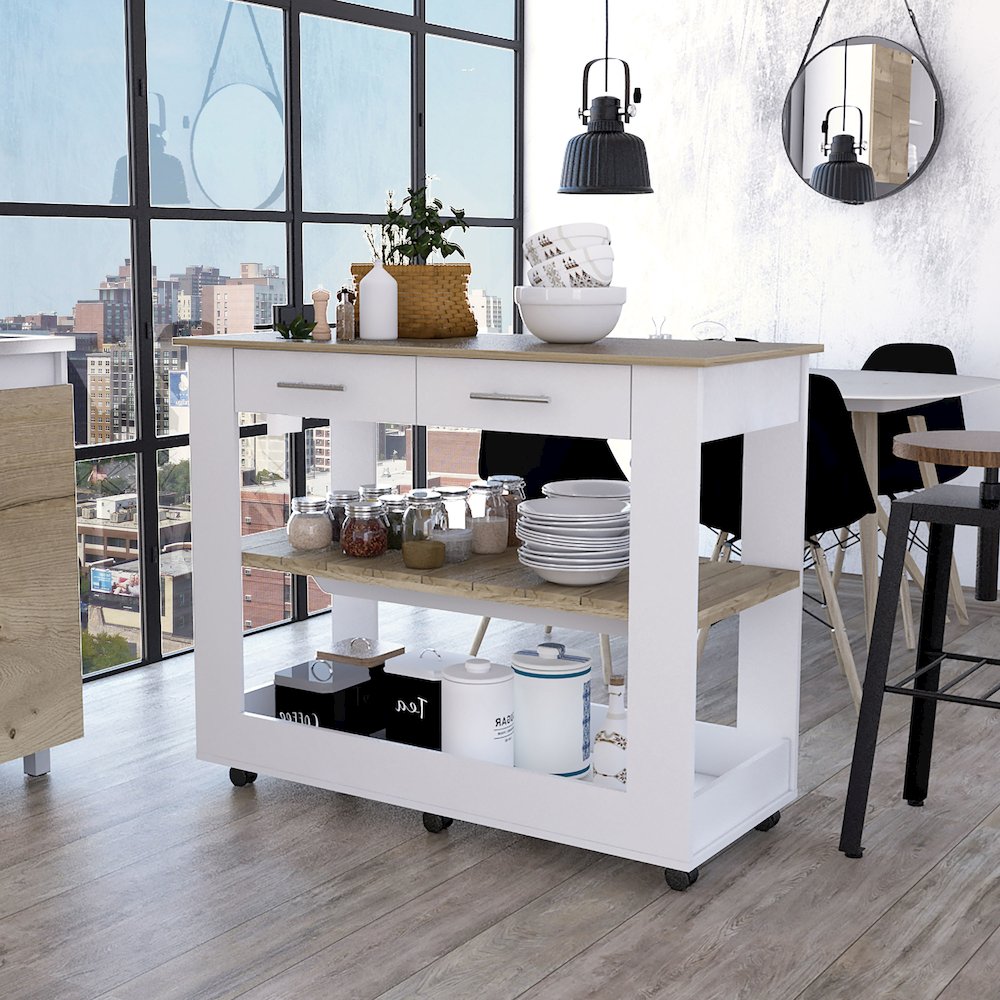 2-Drawer 2-Shelf Kitchen Island White and Light Oak. Picture 4