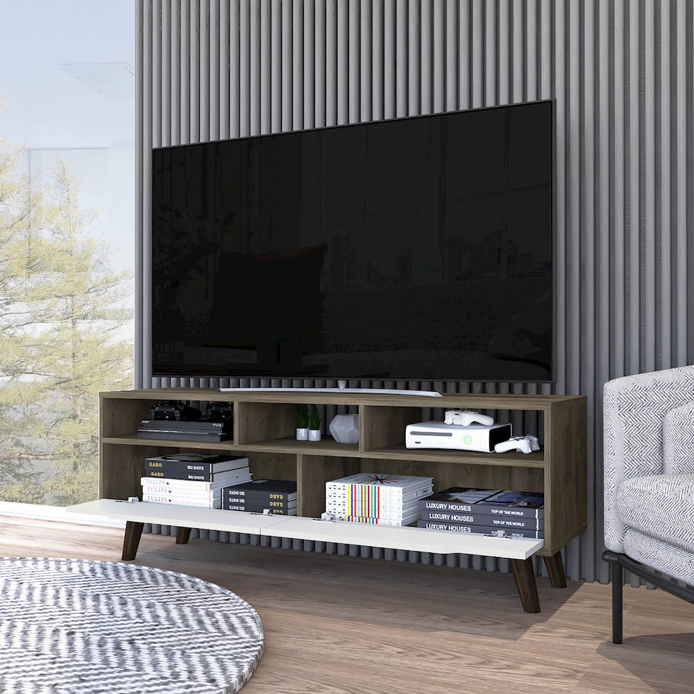 2-Drawer 3-Shelf TV Stand Dark Walnut and White. Picture 5
