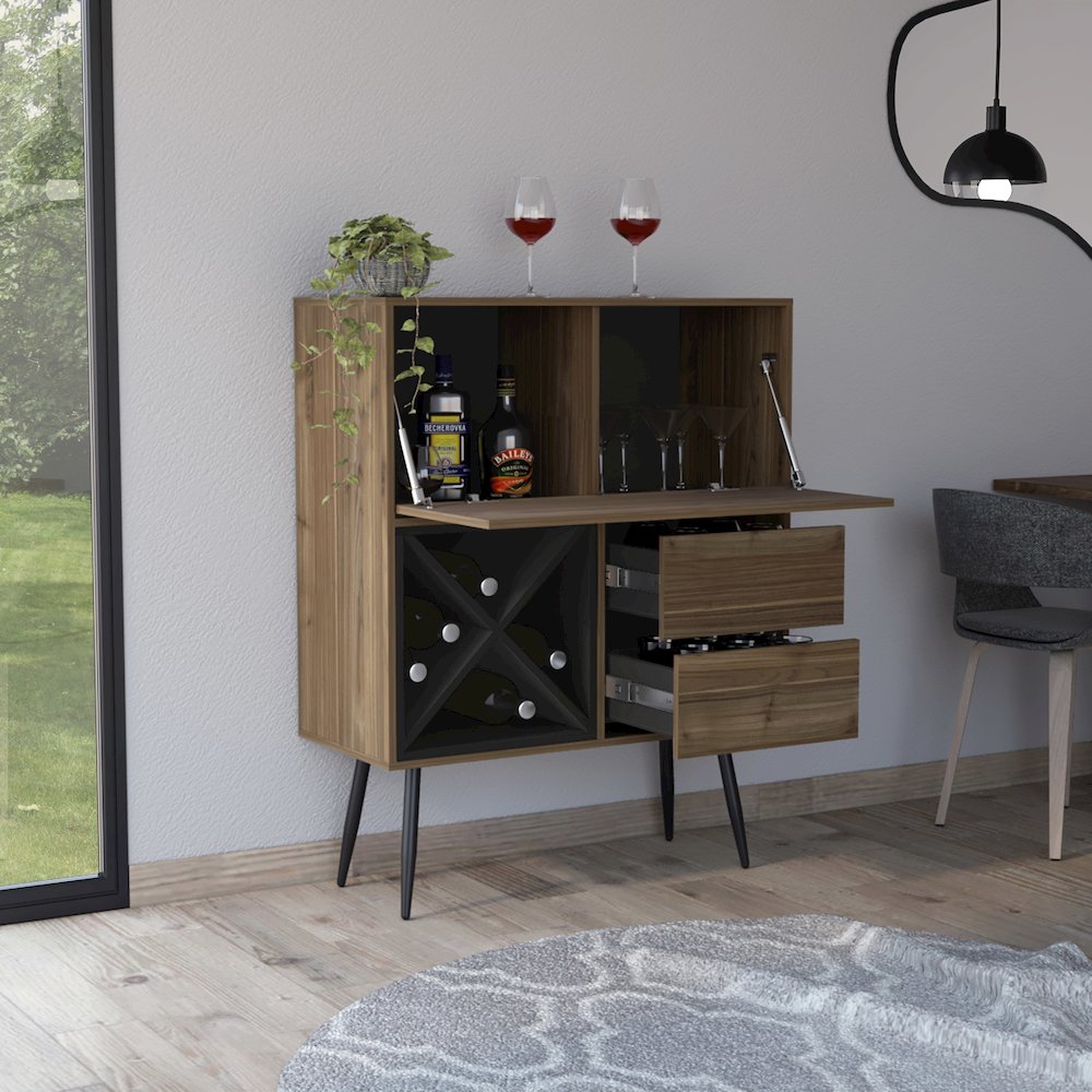 4-Bottle 2-Drawer Bar Cabinet Mahogany and Black Wengue. Picture 5