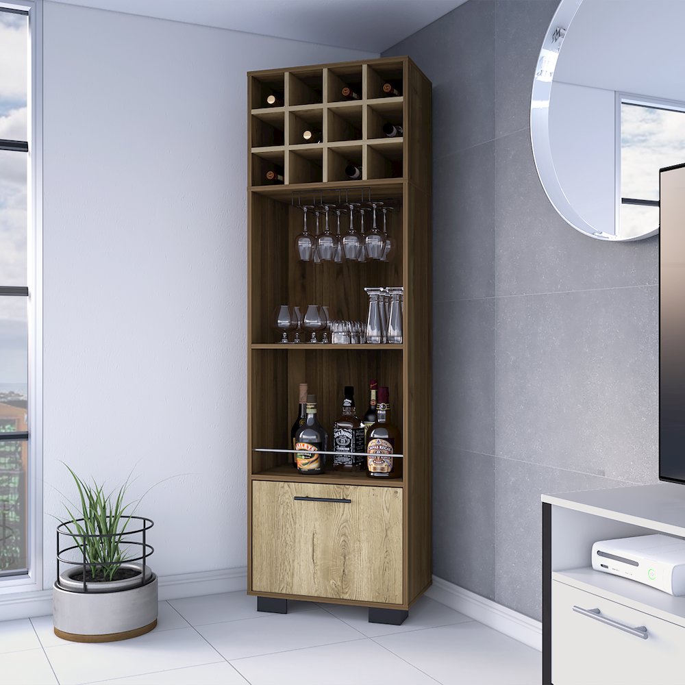 12-Bottle 2-Shelf 1-Drawer Bar Cabinet Mahagony and Macadamia. Picture 4