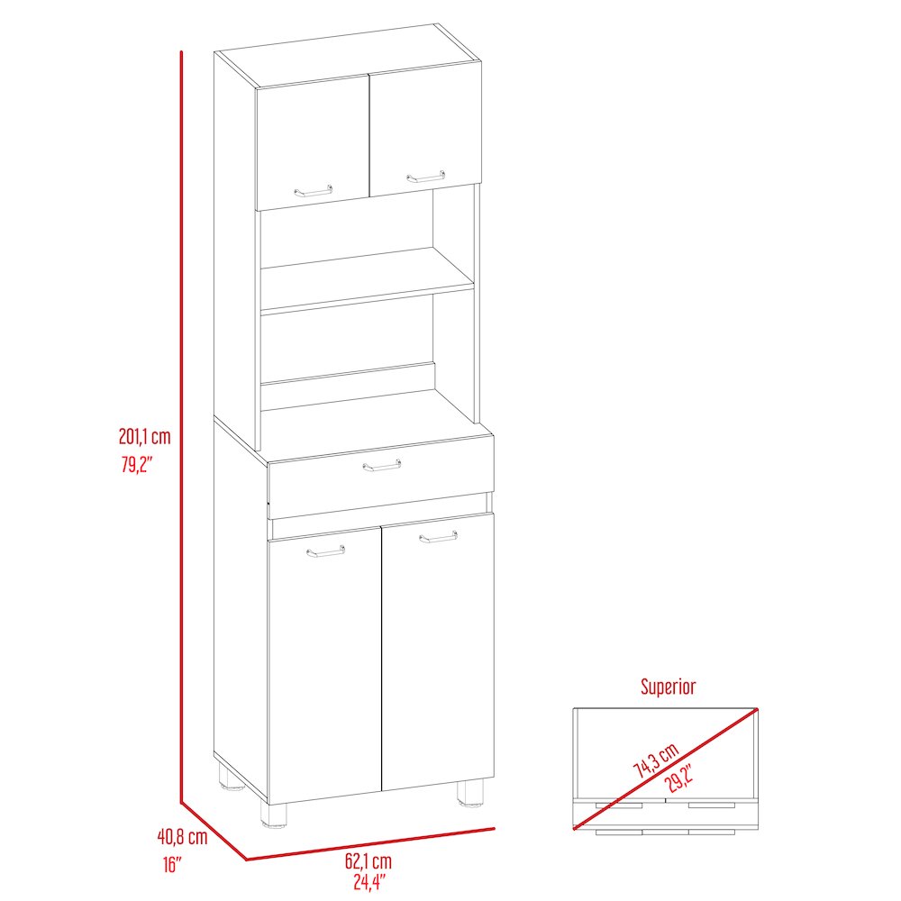 2-Shelf 1-Drawer Microwave Pantry Cabinet Smokey Oak and White. Picture 6