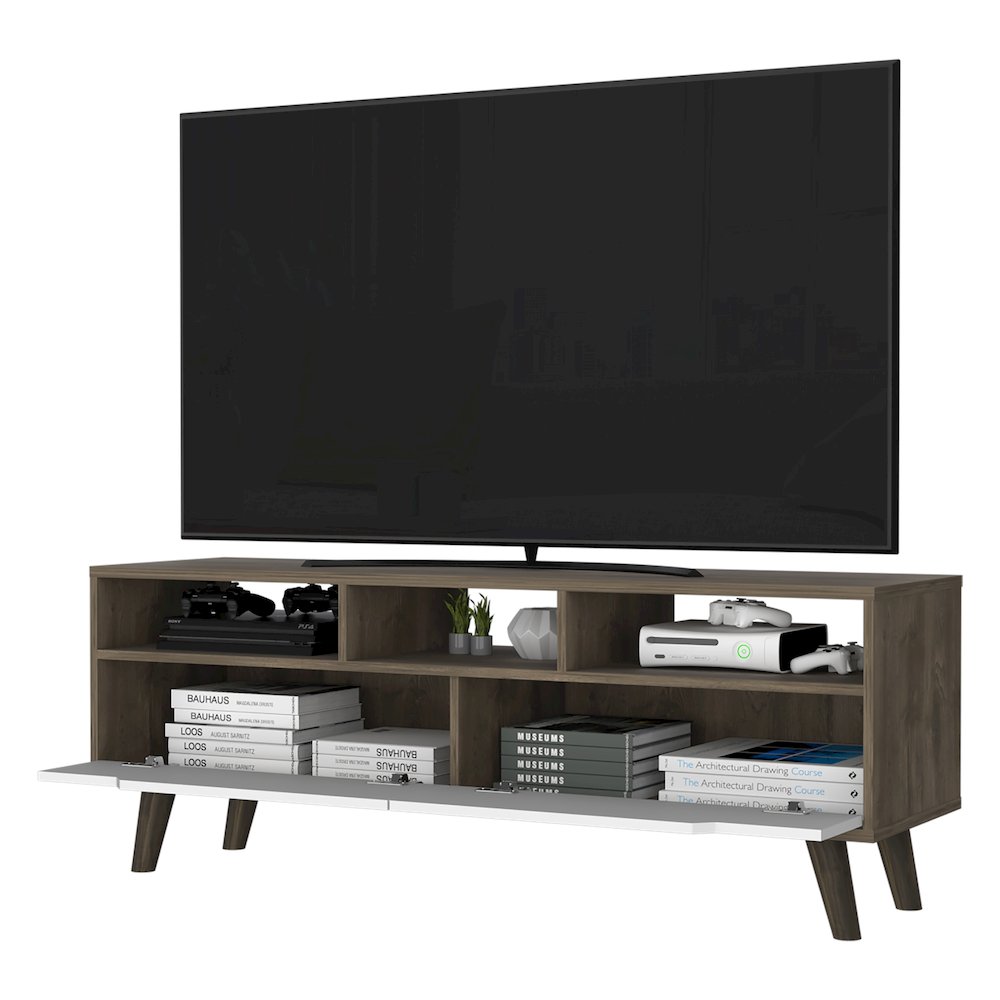 2-Drawer 3-Shelf TV Stand Dark Walnut and White. Picture 2