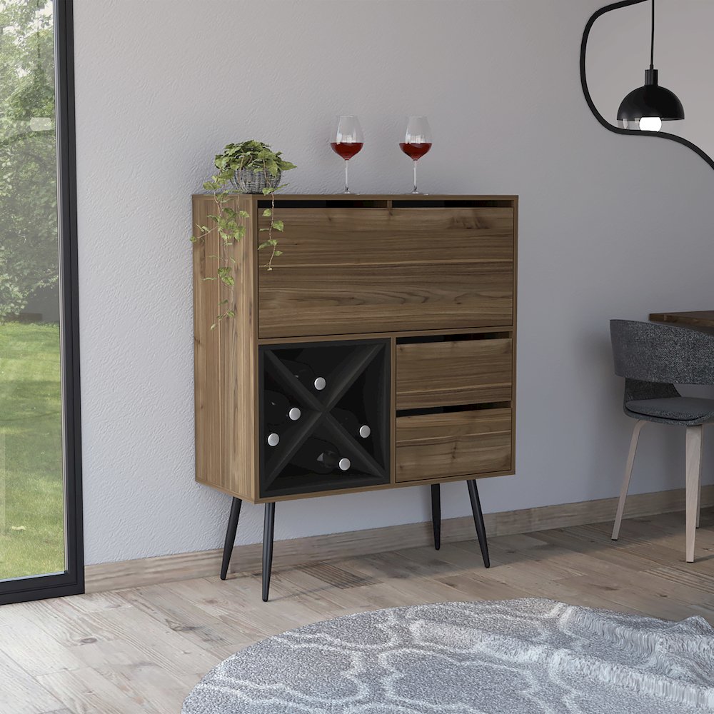4-Bottle 2-Drawer Bar Cabinet Mahogany and Black Wengue. Picture 4
