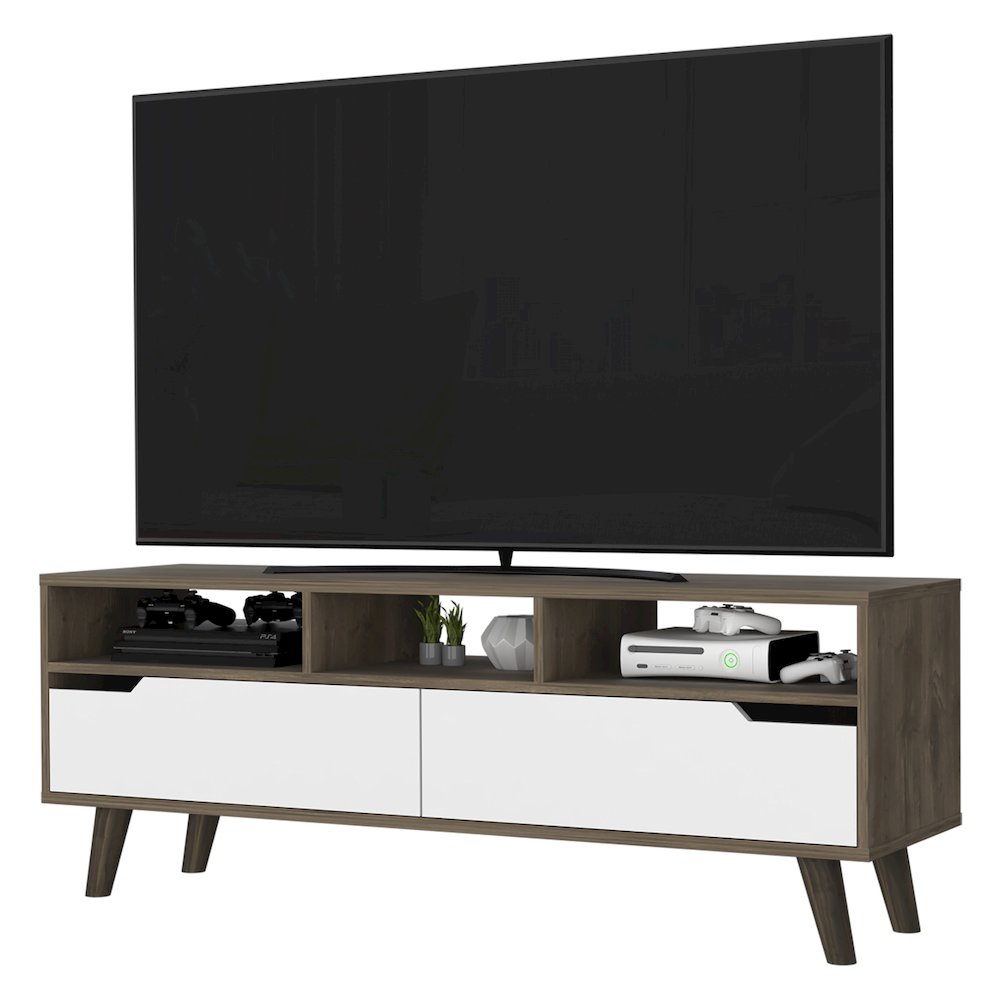 2-Drawer 3-Shelf TV Stand Dark Walnut and White. Picture 1