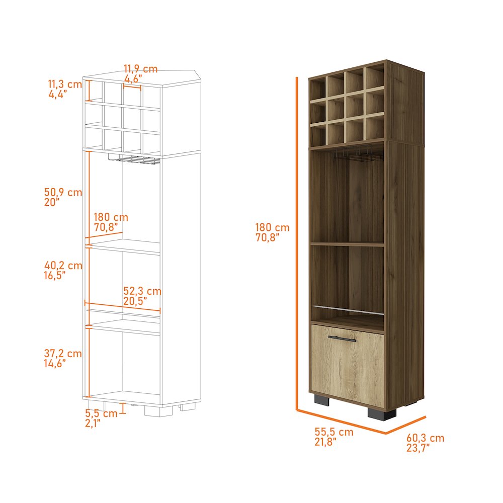 12-Bottle 2-Shelf 1-Drawer Bar Cabinet Mahagony and Macadamia. Picture 6