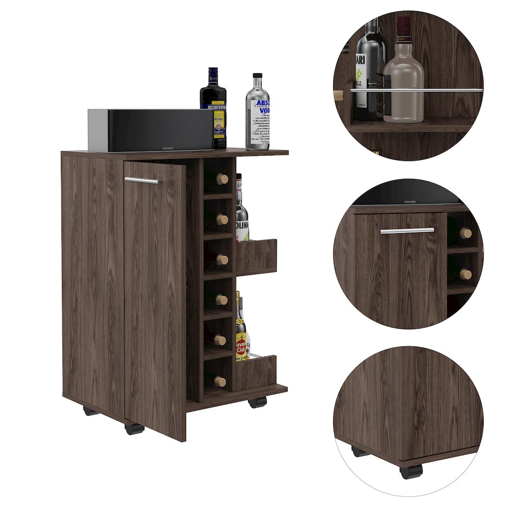 2-Shelf 6-Bottle Bar Cart with Division Dark Walnut. Picture 1