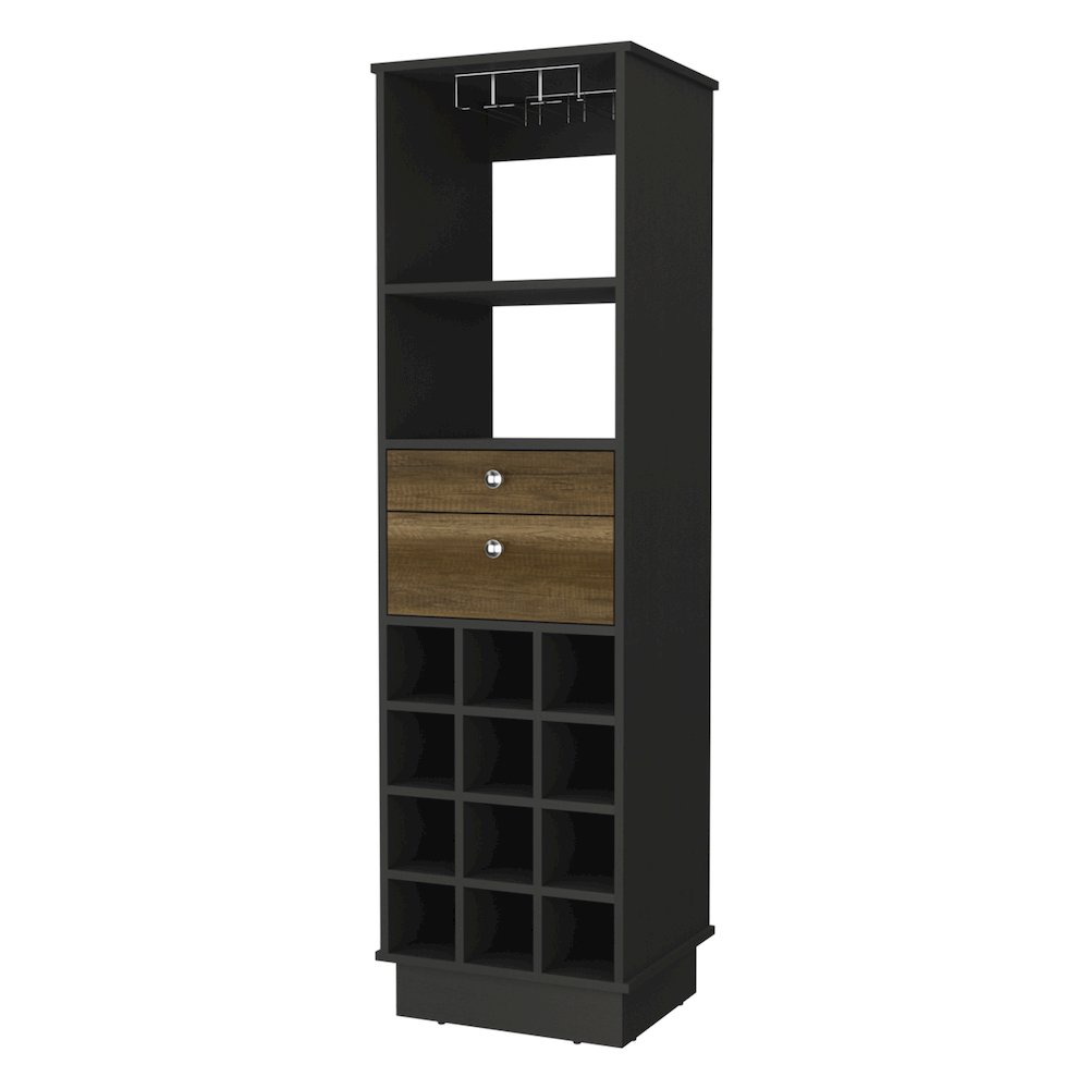 12-Bottle 2-Drawer 1-Shelf Bar Cabinet Black Wengue and Walnut. Picture 1