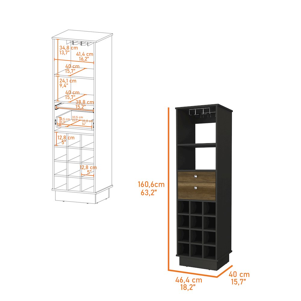 12-Bottle 2-Drawer 1-Shelf Bar Cabinet Black Wengue and Walnut. Picture 3