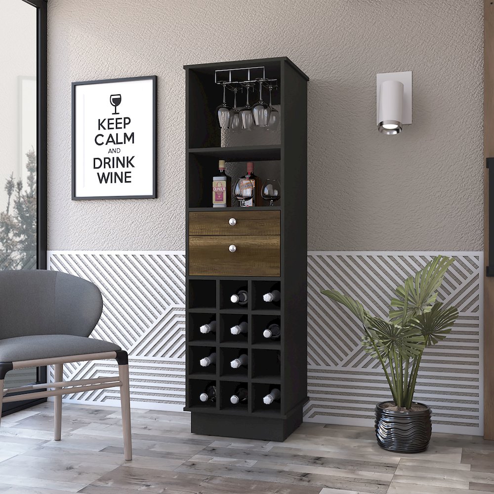 12-Bottle 2-Drawer 1-Shelf Bar Cabinet Black Wengue and Walnut. Picture 4