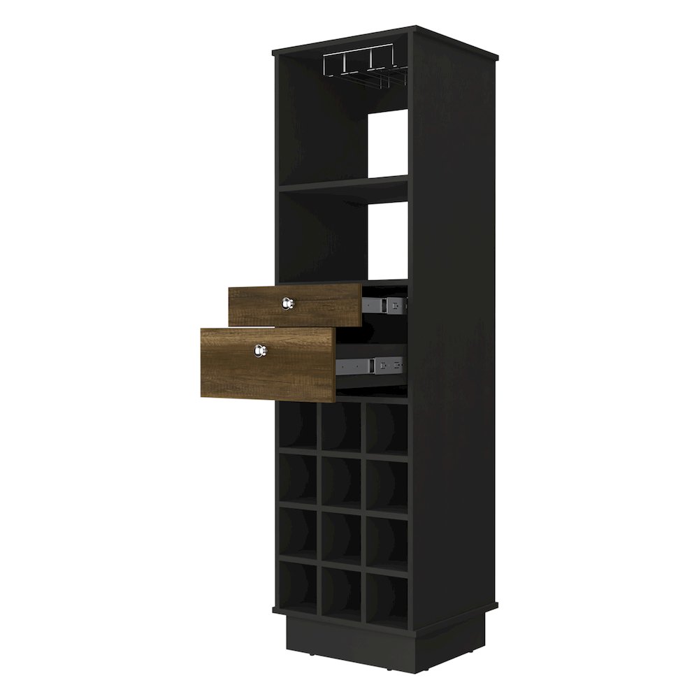 12-Bottle 2-Drawer 1-Shelf Bar Cabinet Black Wengue and Walnut. Picture 2
