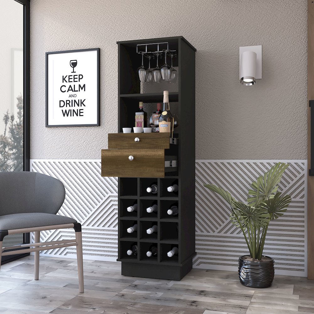 12-Bottle 2-Drawer 1-Shelf Bar Cabinet Black Wengue and Walnut. Picture 5