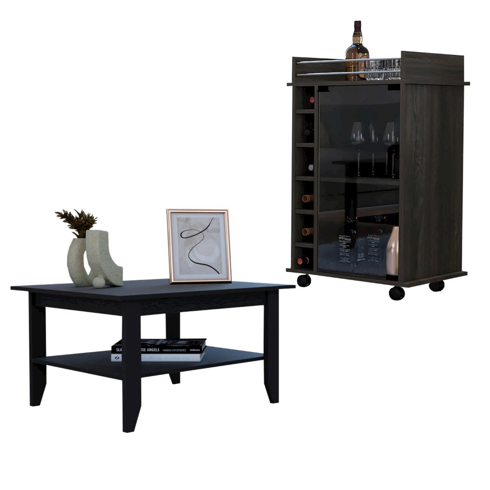 4-Shelf 2-piece Living Room Set, Coffee Table and Bar Cabinet Black and Espresso. Picture 5