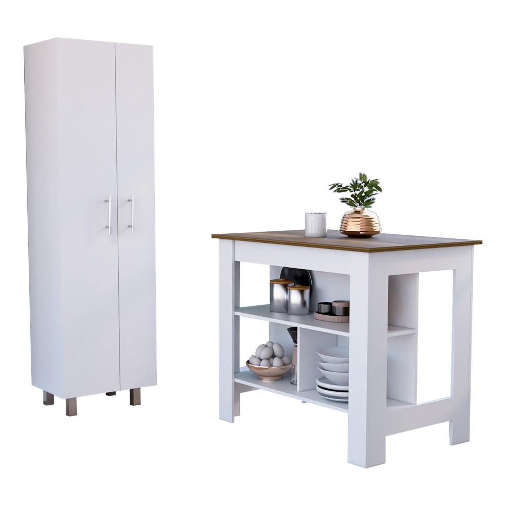 9-Shelf 2-Door 2-piece Kitchen Set, Kitchen Island and Pantry White and Walnut. Picture 5