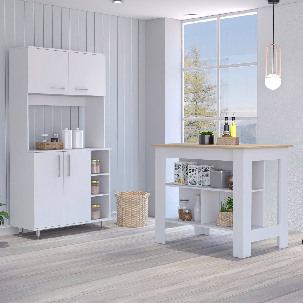 7-Shelf 4-Door 2-piece Kitchen Set, Kitchen Island and Pantry Cabinet White. Picture 4
