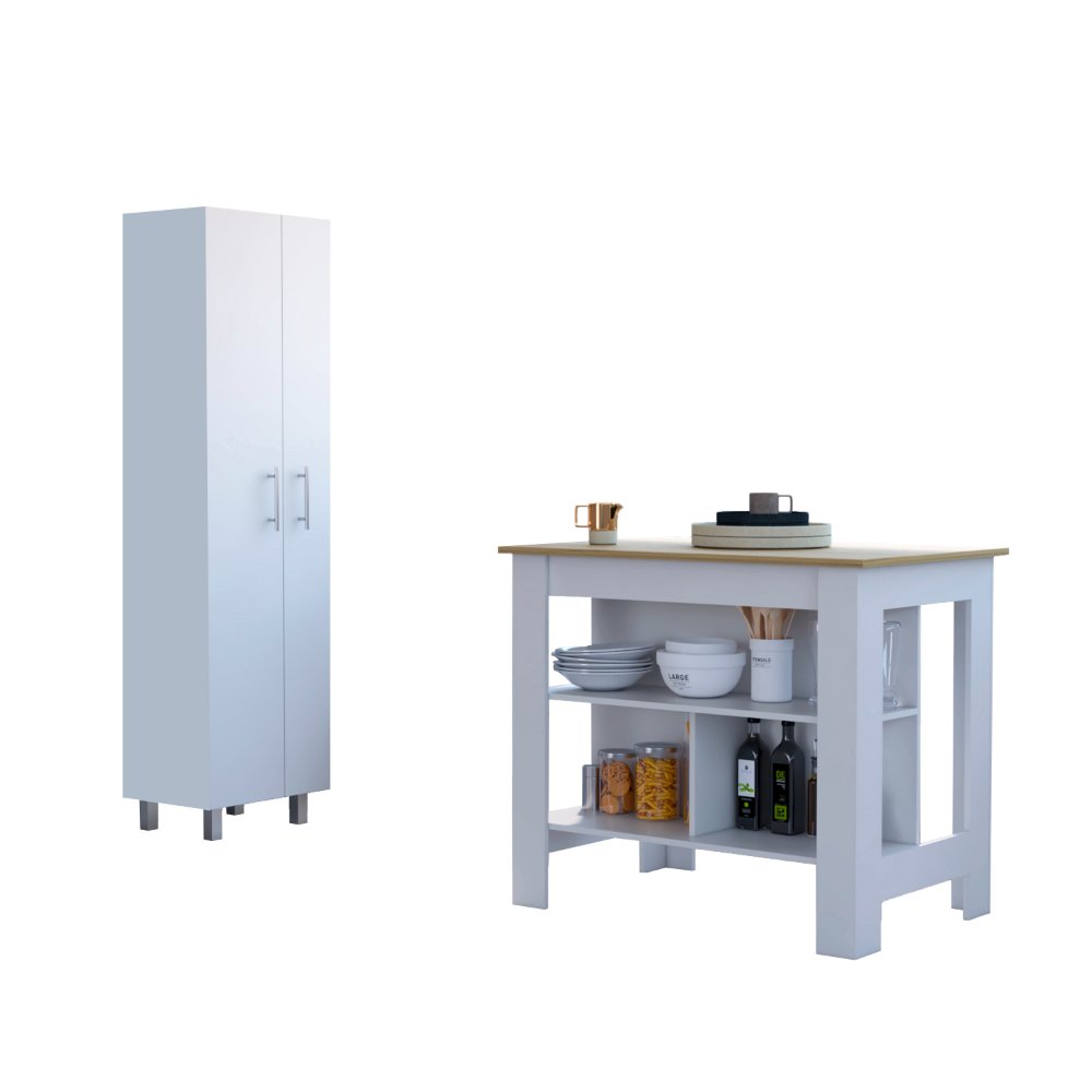9-Shelf 2-Door 2-piece Kitchen Set, Kitchen Island and Pantry White. Picture 5