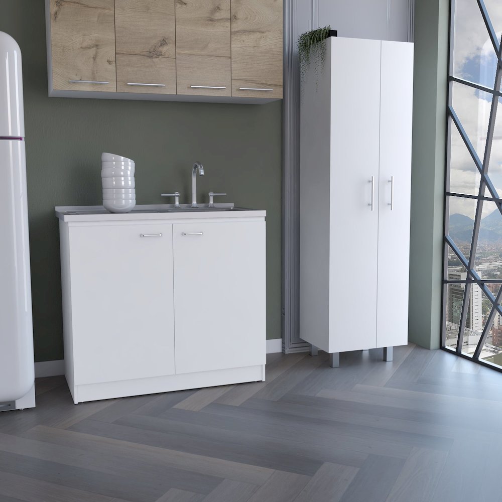 4-Door 2-piece Kitchen Set, Utility Sink Cabinet and Pantry Cabinet White. Picture 4