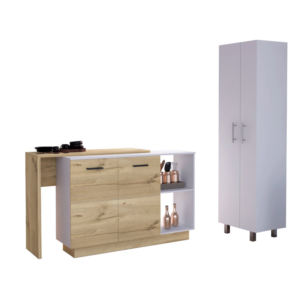 7-Shelf 4-Door 2-piece Kitchen Set, Kitchen Island and Pantry White. Picture 5