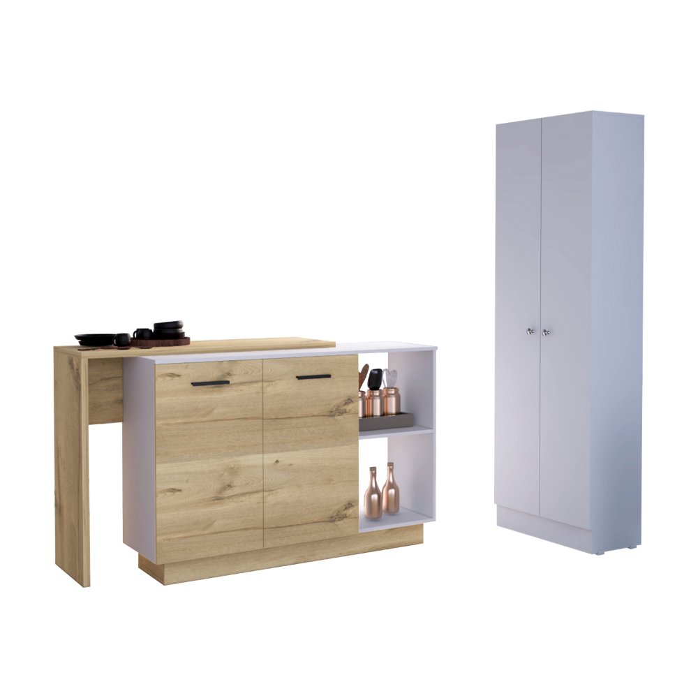 4-Door 2-piece Kitchen Set, Kitchen Island and Pantry Cabinet White. Picture 5
