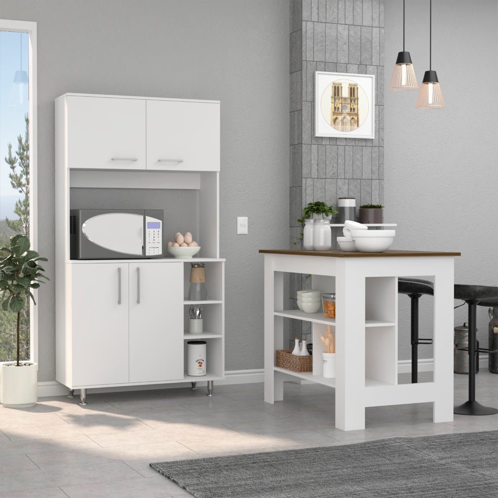 7-Shelf 4-Door 2-piece Kitchen Set, Kitchen Island and Pantry Cabinet White. Picture 4