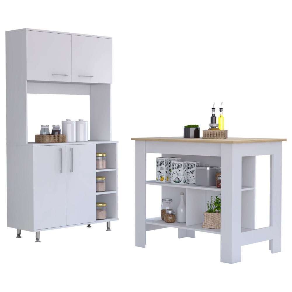 7-Shelf 4-Door 2-piece Kitchen Set, Kitchen Island and Pantry Cabinet White. Picture 5