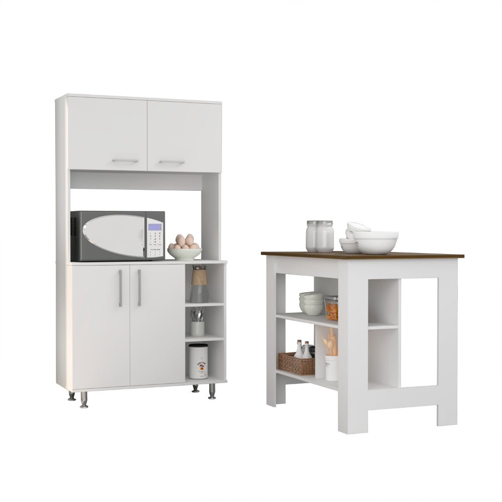 7-Shelf 4-Door 2-piece Kitchen Set, Kitchen Island and Pantry Cabinet White. Picture 5