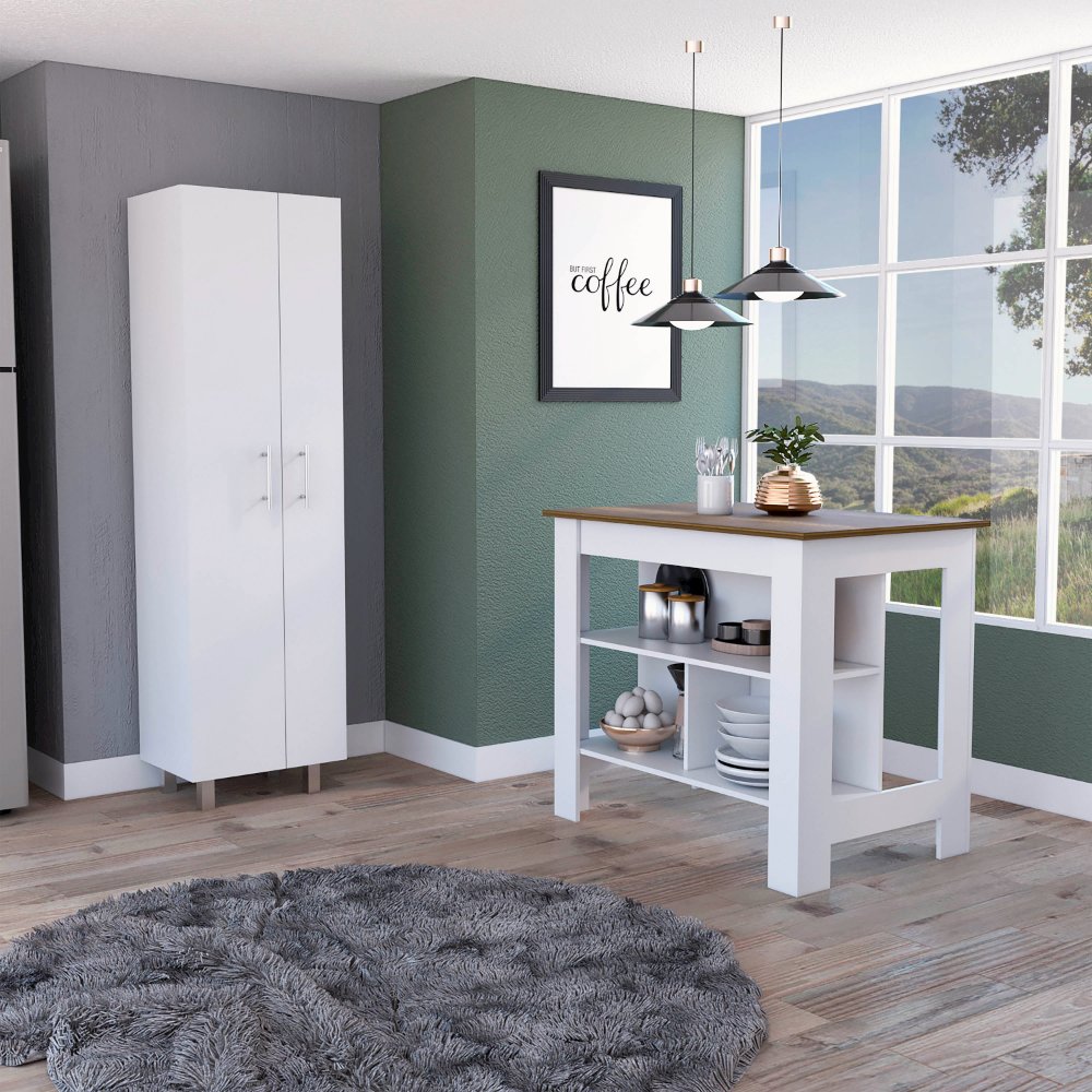 9-Shelf 2-Door 2-piece Kitchen Set, Kitchen Island and Pantry White and Walnut. Picture 4