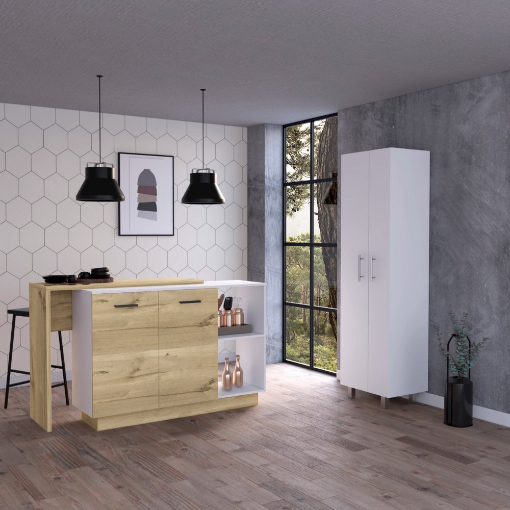 7-Shelf 4-Door 2-piece Kitchen Set, Kitchen Island and Pantry White. Picture 4