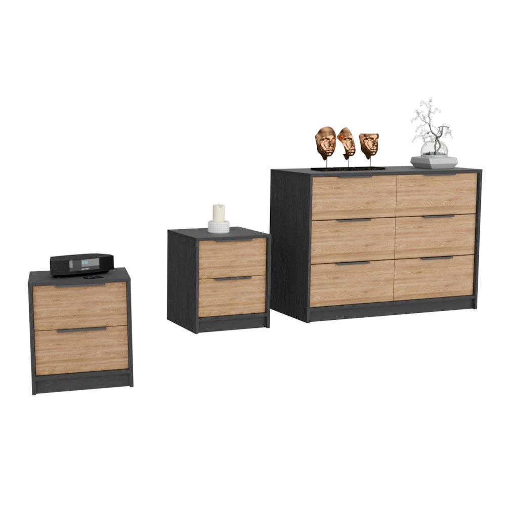 3-Piece Bedroom Set, Two Nightstands and Dresser, Black and Pine. Picture 5