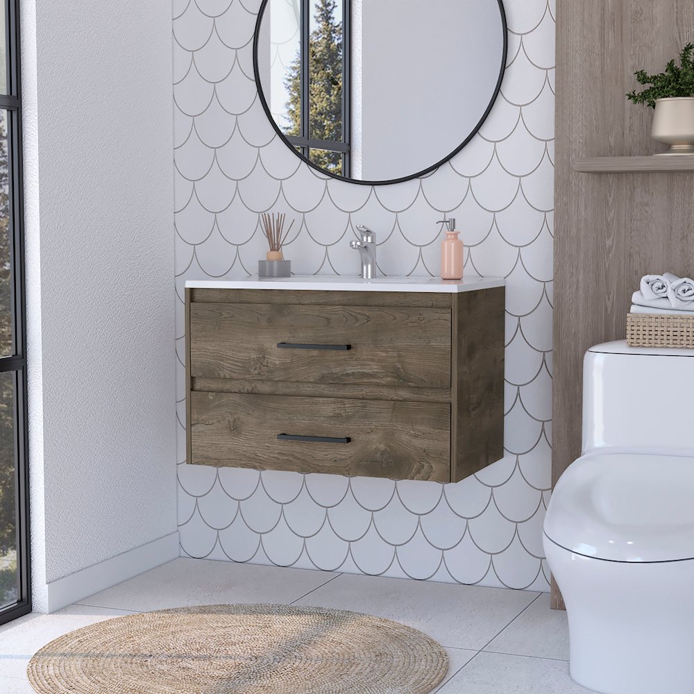 2-Drawer Wall Mounted Bathroom Vanity in Dark Brown and White. Picture 4