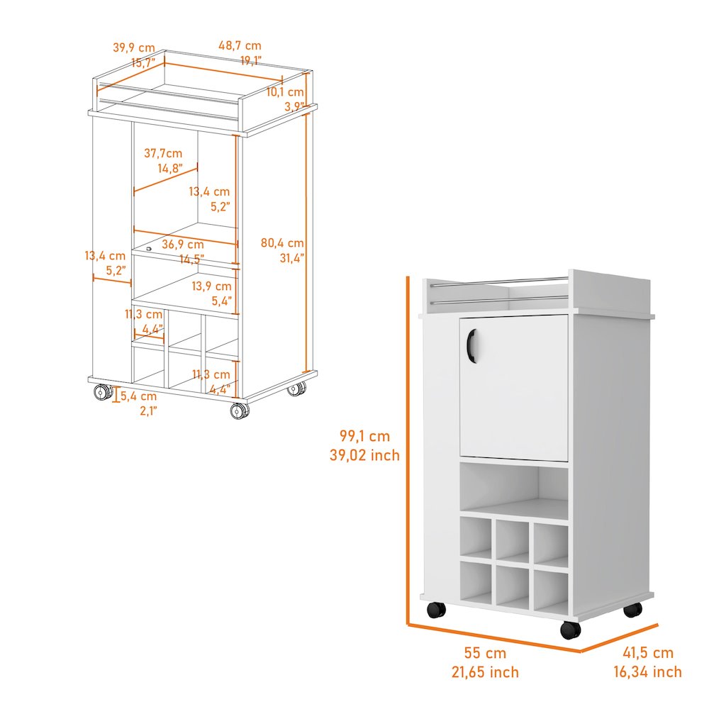 1-Door Bar Cart with Wine Rack and Casters White. Picture 7