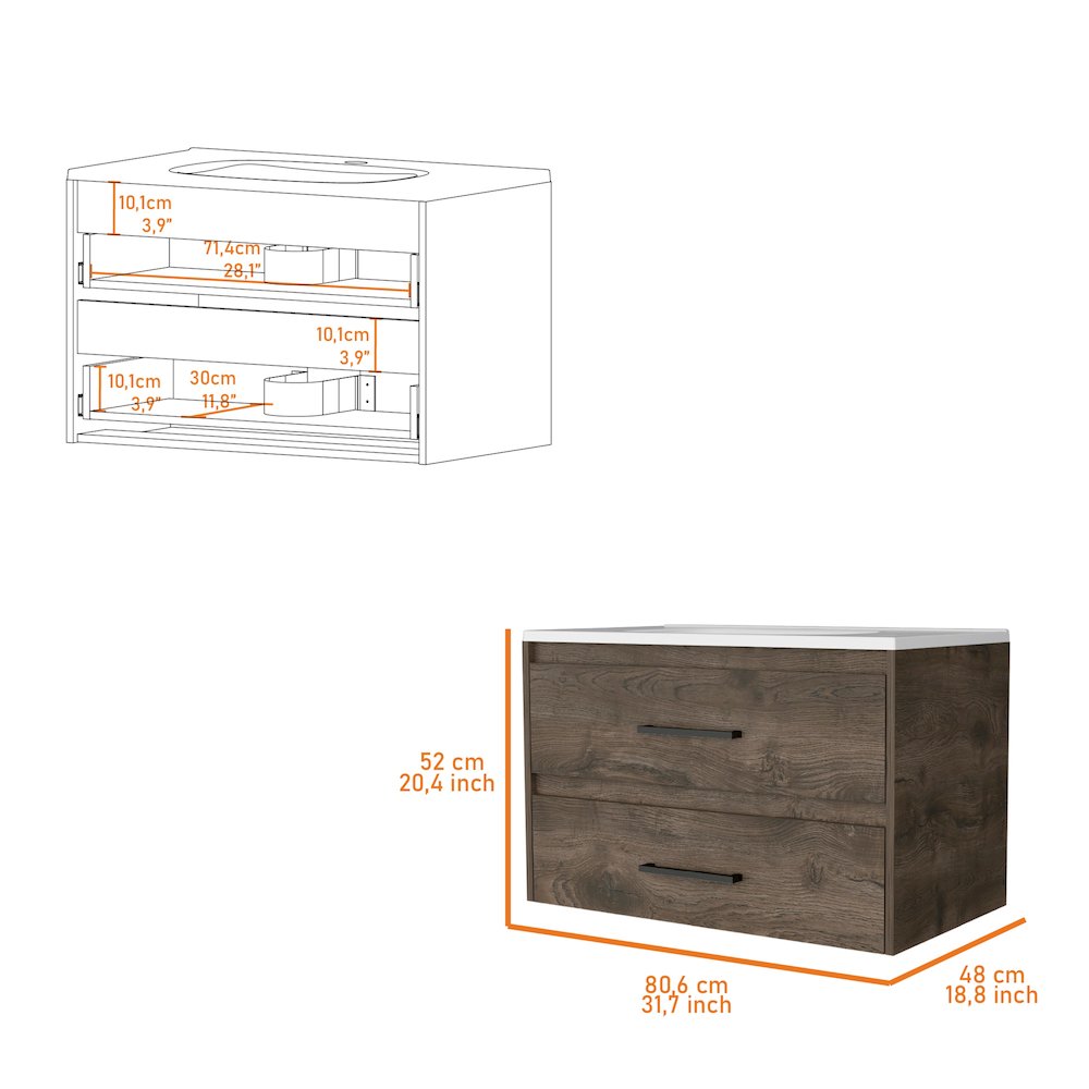 2-Drawer Wall Mounted Bathroom Vanity in Dark Brown and White. Picture 7