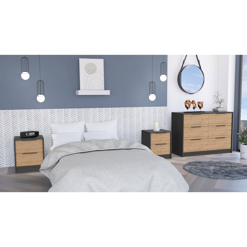 3-Piece Bedroom Set, Two Nightstands and Dresser, Black and Pine. Picture 4