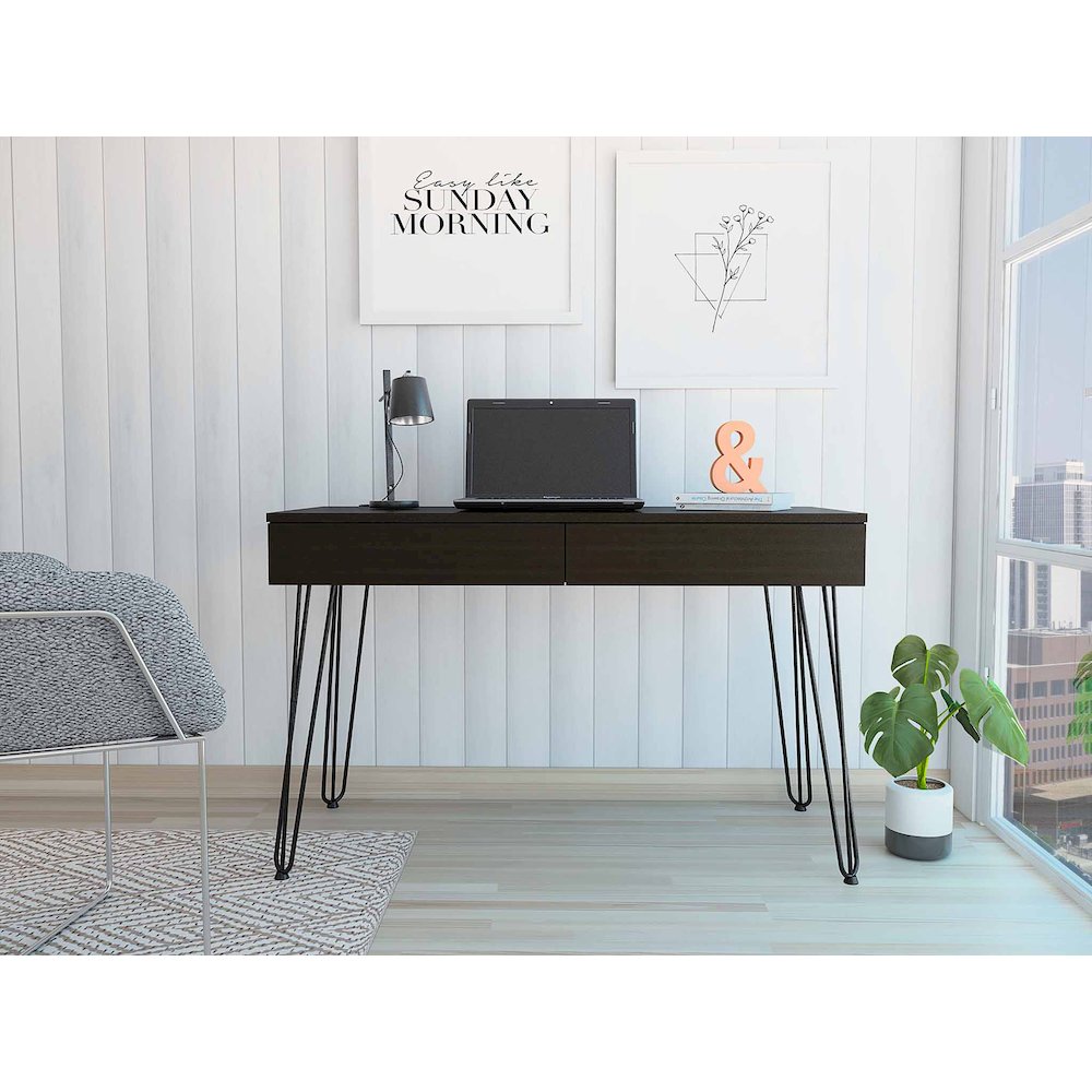 2-Drawer Writing Desk with Hairpin Legs Black. Picture 5