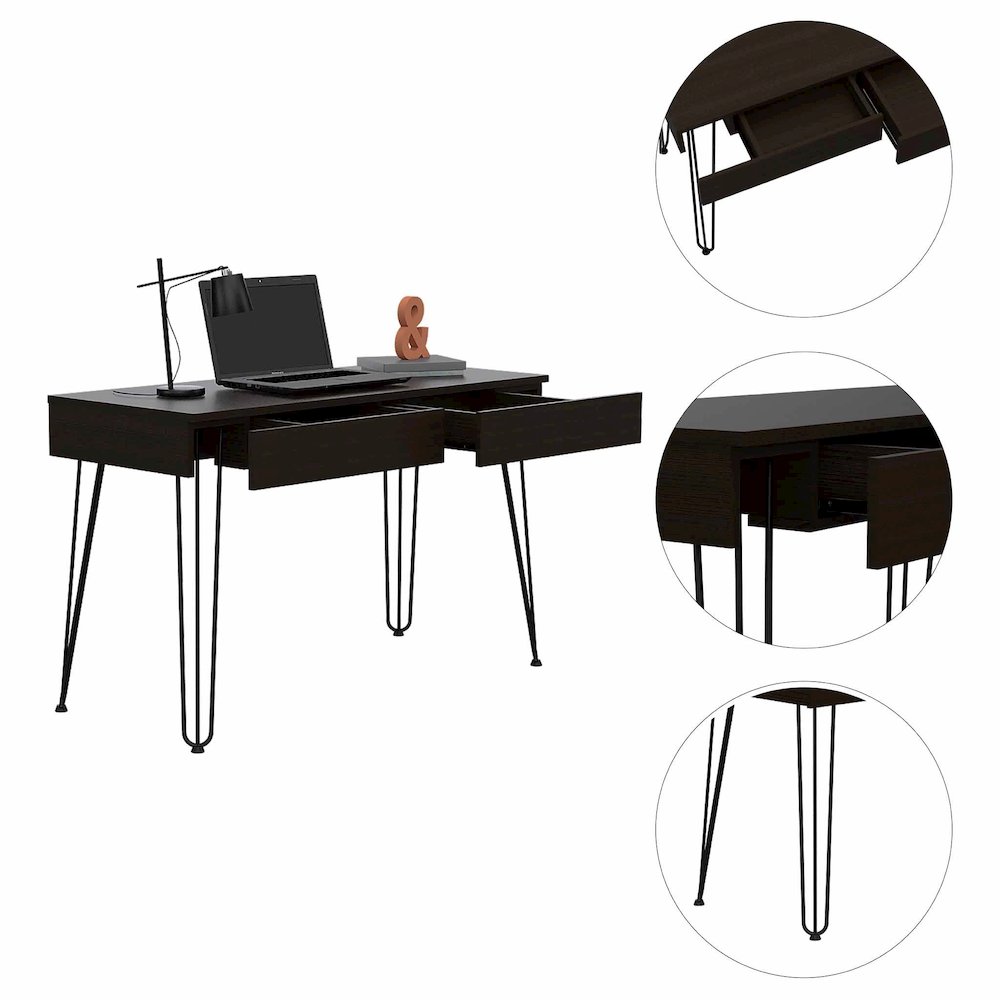 2-Drawer Writing Desk with Hairpin Legs Black. Picture 6
