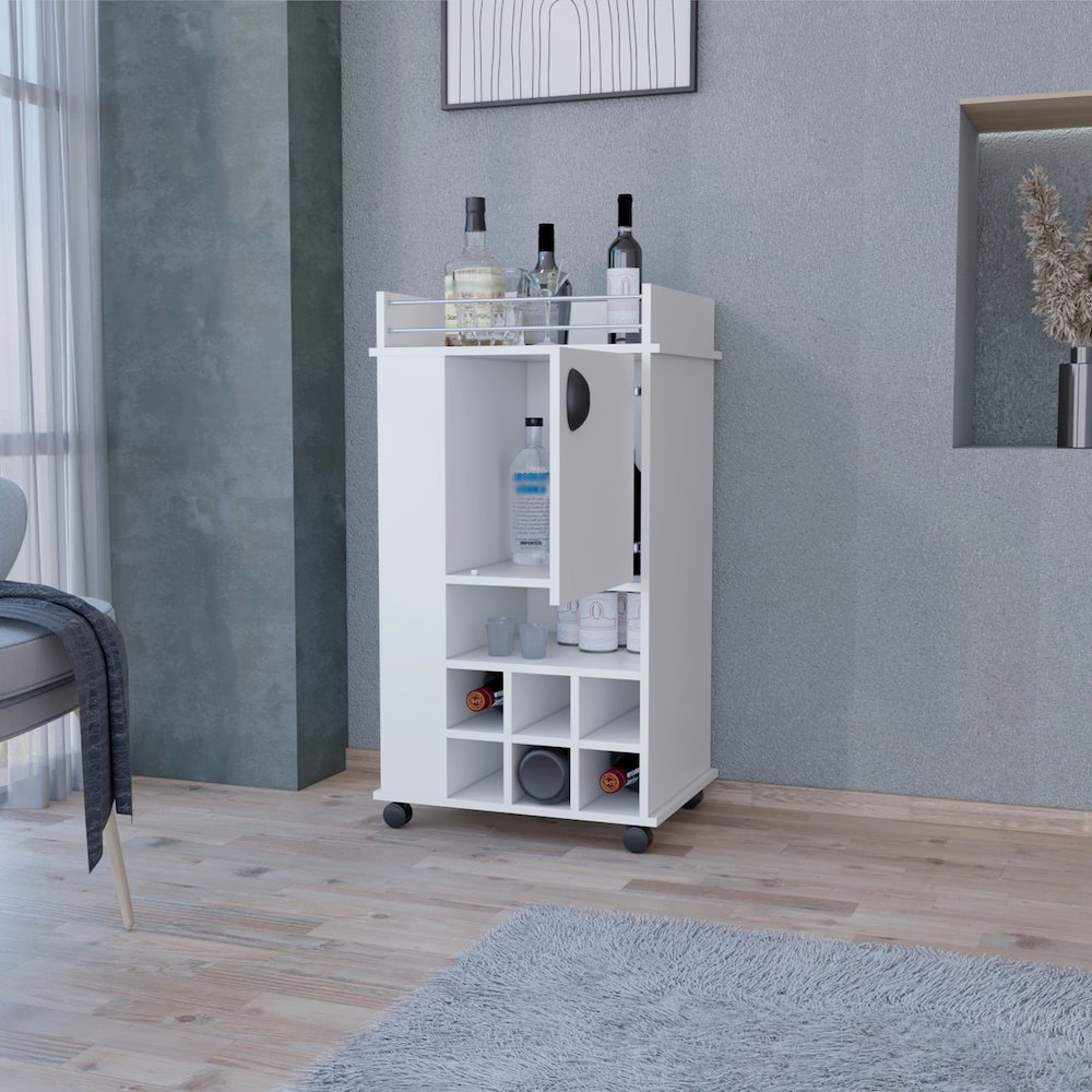 1-Door Bar Cart with Wine Rack and Casters White. Picture 5
