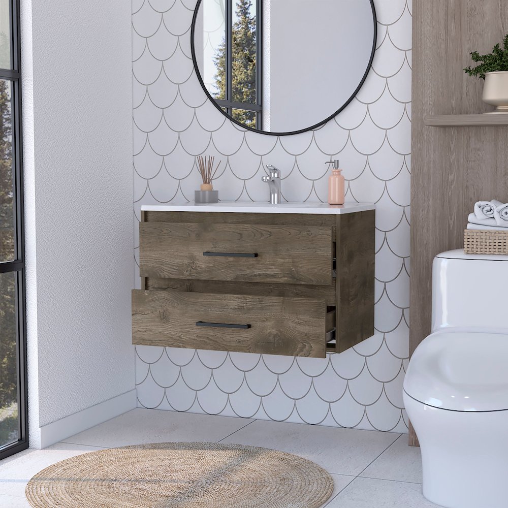 2-Drawer Wall Mounted Bathroom Vanity in Dark Brown and White. Picture 5
