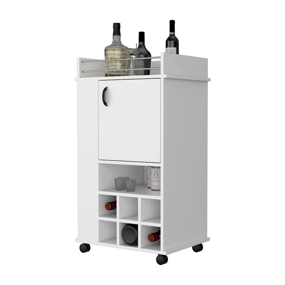 1-Door Bar Cart with Wine Rack and Casters White. Picture 3