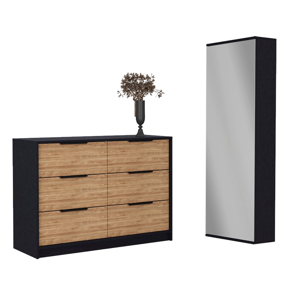 2-Piece Bedroom Set, Wall Mounted Shoe Rack and Dresser, Black, Mirror and Pine. Picture 5