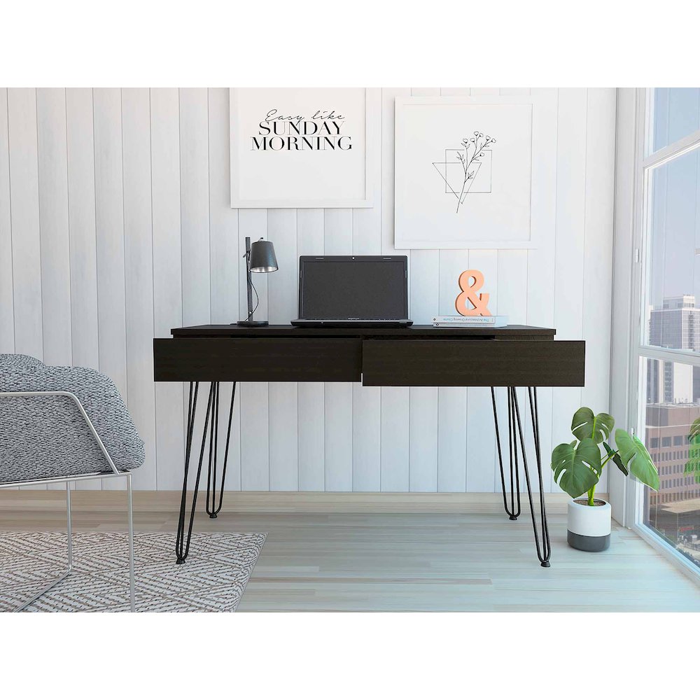 2-Drawer Writing Desk with Hairpin Legs Black. Picture 4