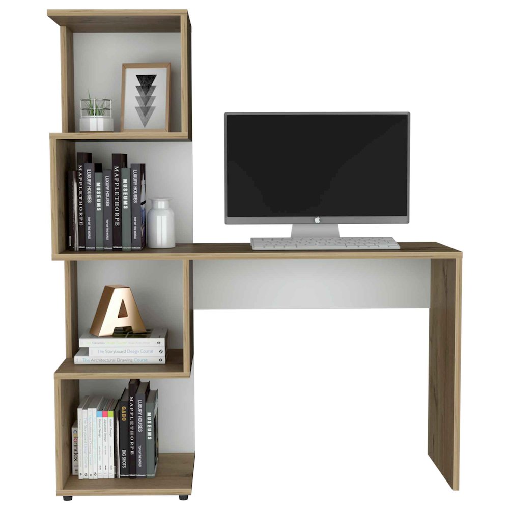 Writing Desk with Geometric Bookcase Light Oak and White. Picture 1