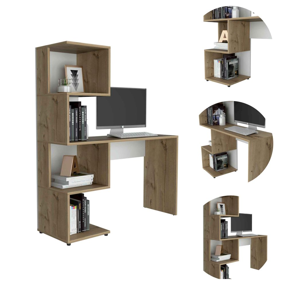 Writing Desk with Geometric Bookcase Light Oak and White. Picture 3