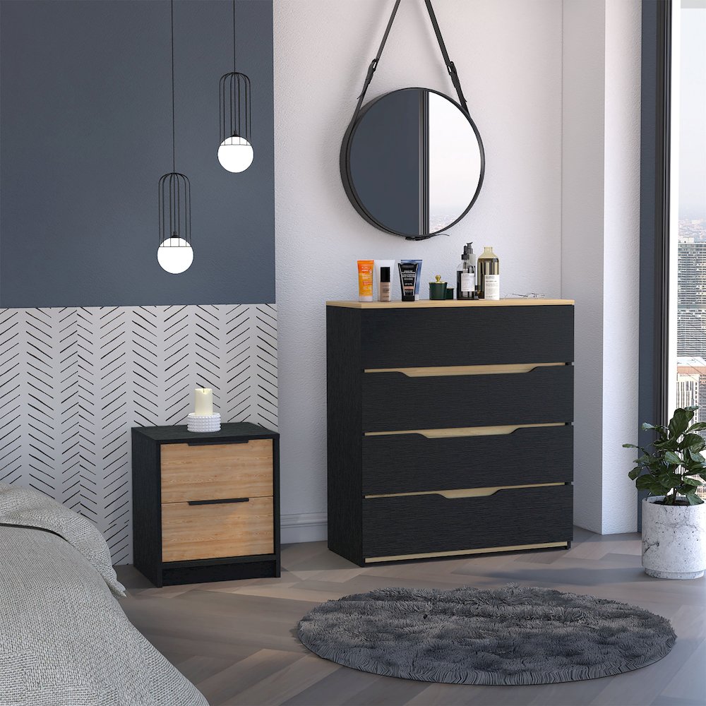 2-Piece Bedroom Set, Nightstand and Dresser, Black, Pine and Light Oak. Picture 4