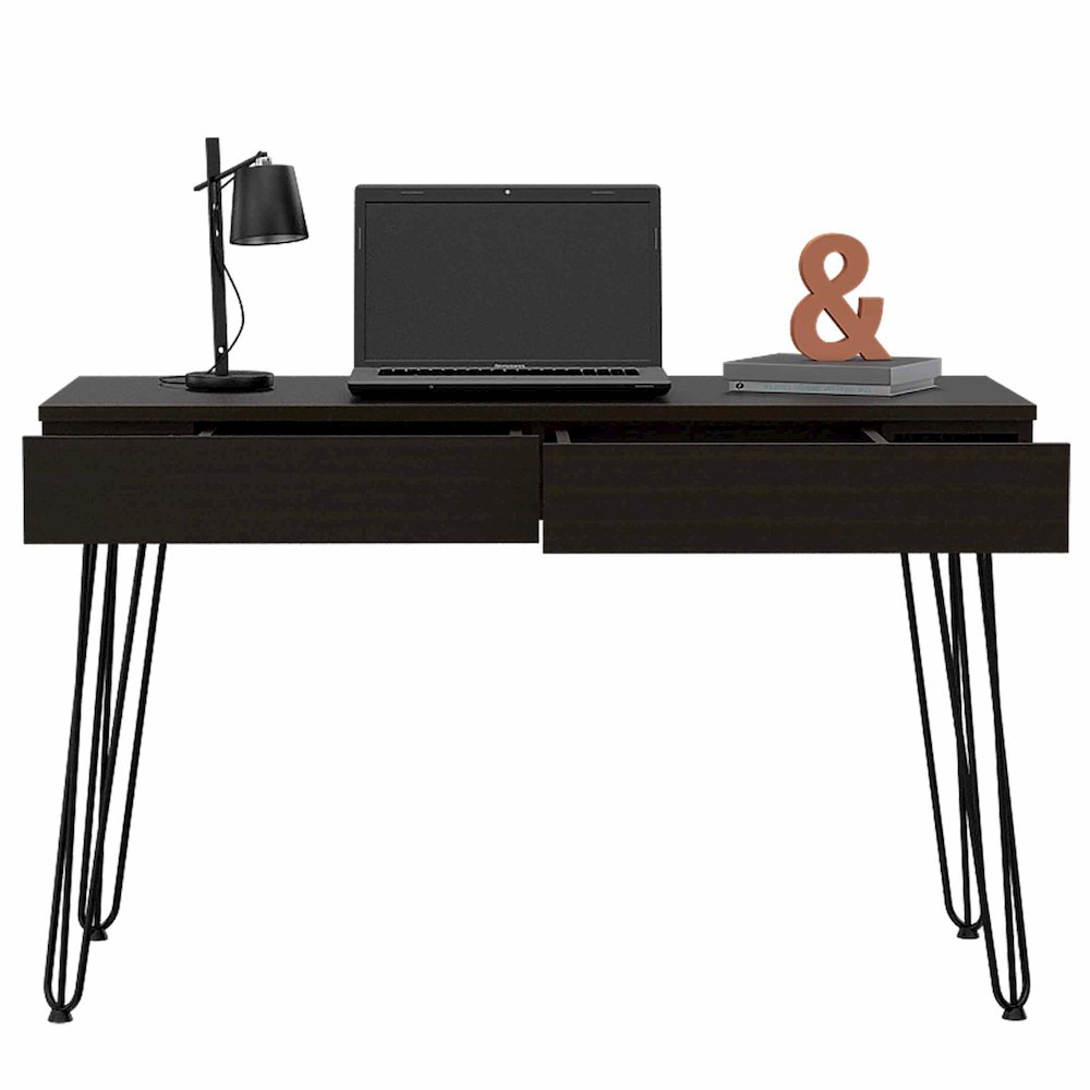 2-Drawer Writing Desk with Hairpin Legs Black. Picture 2