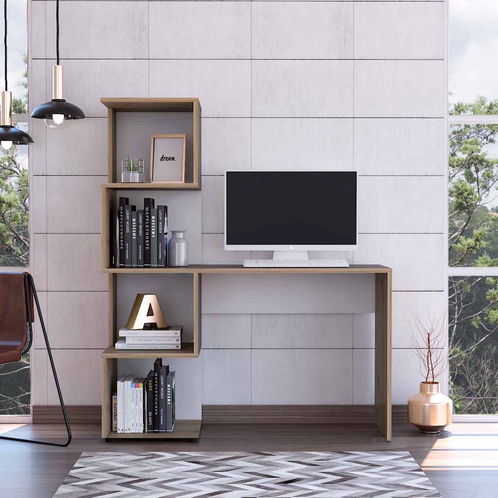 Writing Desk with Geometric Bookcase Light Oak and White. Picture 4