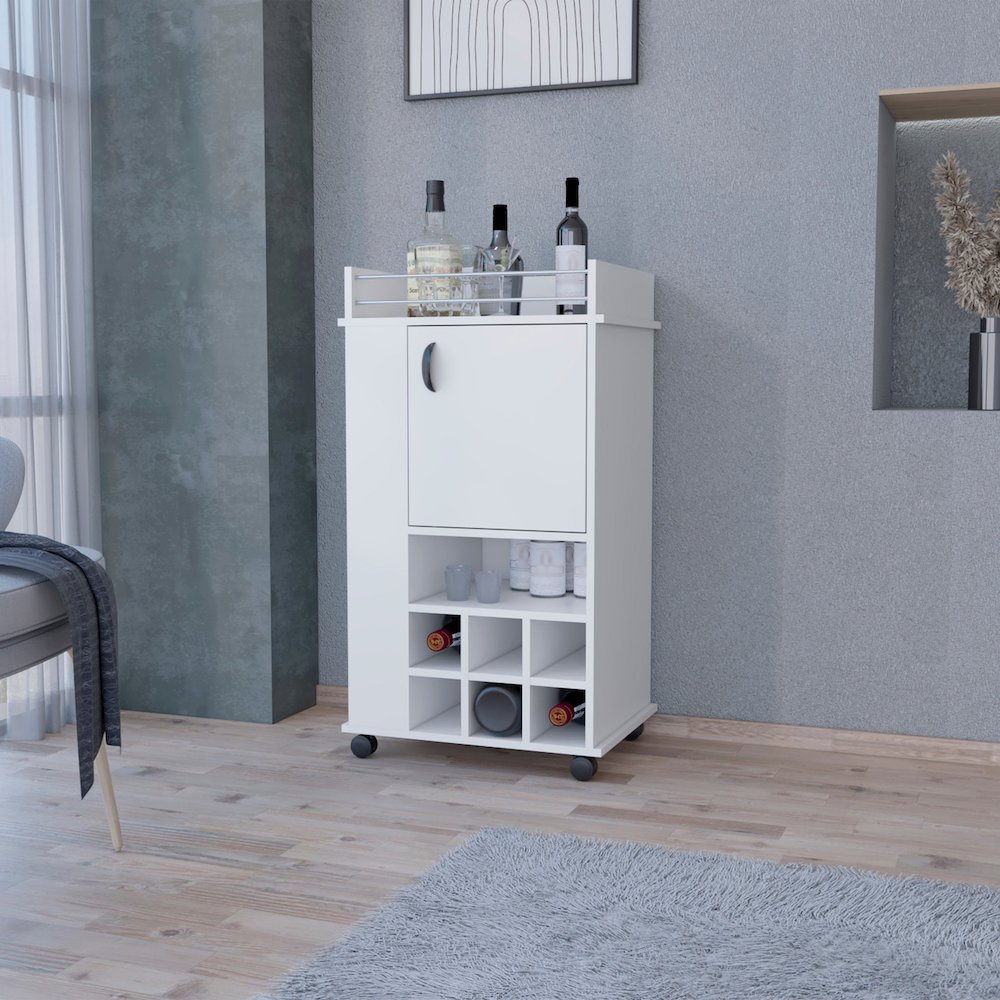 1-Door Bar Cart with Wine Rack and Casters White. Picture 4