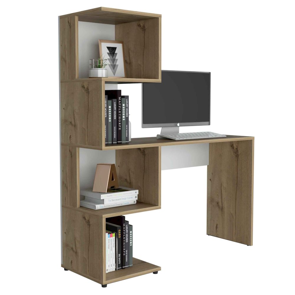 Writing Desk with Geometric Bookcase Light Oak and White. Picture 2