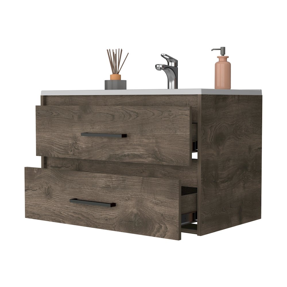 2-Drawer Wall Mounted Bathroom Vanity in Dark Brown and White. Picture 6